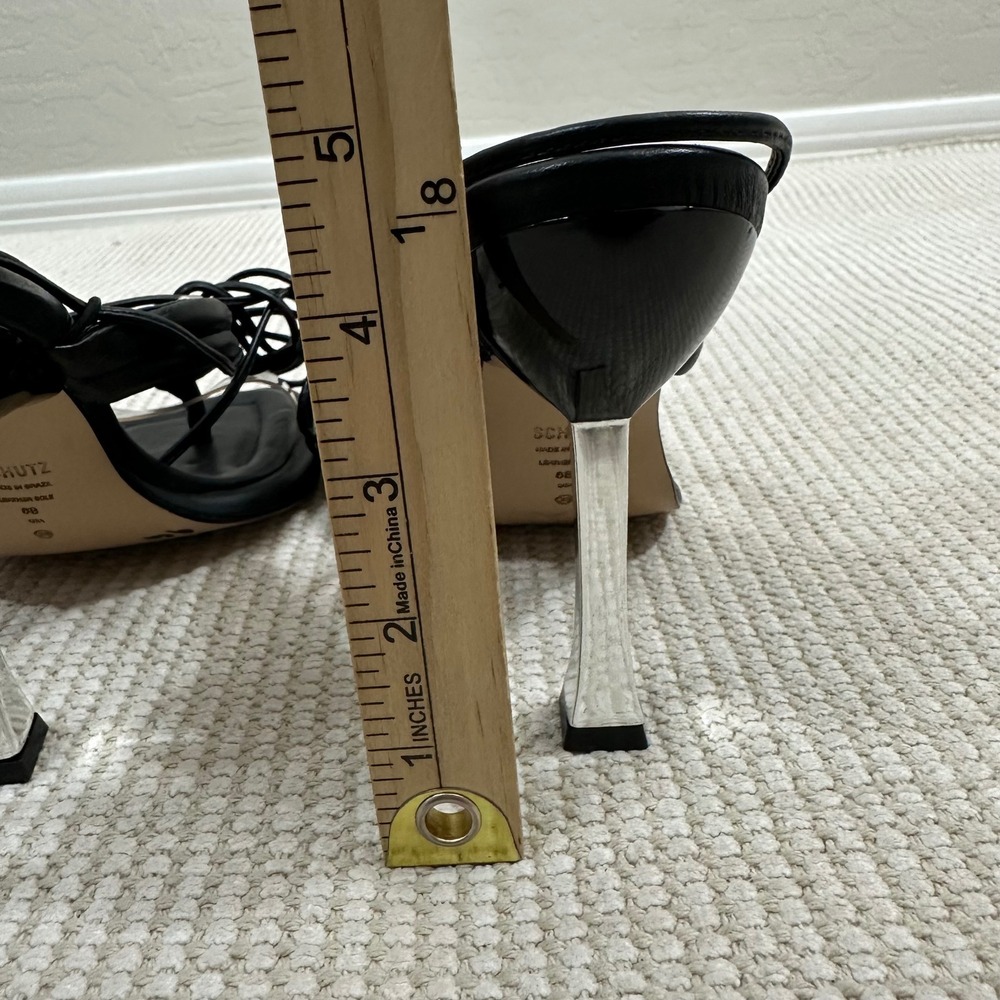 SCHUTZ Black Leather Lace-Up Sandals with Clear Strap Accent - Picture 6 of 8
